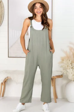 Tulum Jumpsuit - Linen Blend Overalls Pockets in Khaki><noscript><img width=