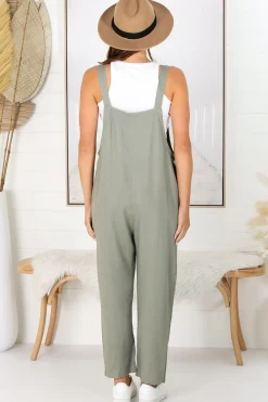 Tulum Jumpsuit - Linen Blend Overalls Pockets in Khaki><noscript><img width=