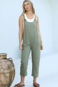 Tulum Jumpsuit - Linen Blend Overalls Pockets in Khaki><noscript><img width=