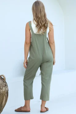 Tulum Jumpsuit - Linen Blend Overalls Pockets in Khaki><noscript><img width=
