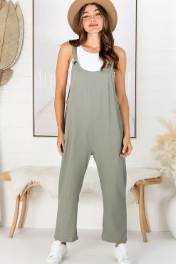 Tulum Jumpsuit - Linen Blend Overalls Pockets in Khaki><noscript><img width=