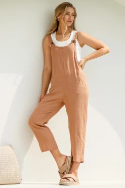 Tulum Jumpsuit - Linen Blend Overalls Pockets in Tan>Salty Crush