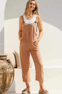 Tulum Jumpsuit - Linen Blend Overalls Pockets in Tan>Salty Crush
