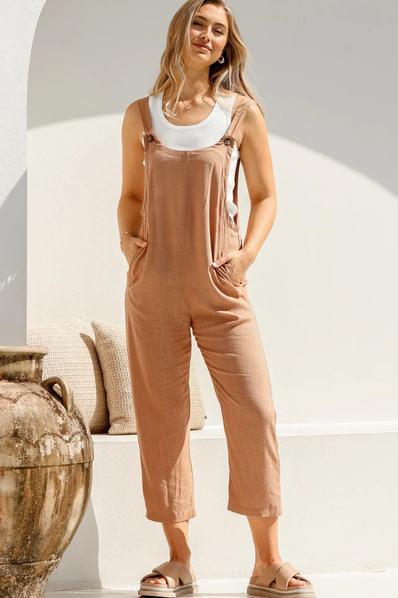Tulum Jumpsuit - Linen Blend Overalls Pockets in Tan>Salty Crush