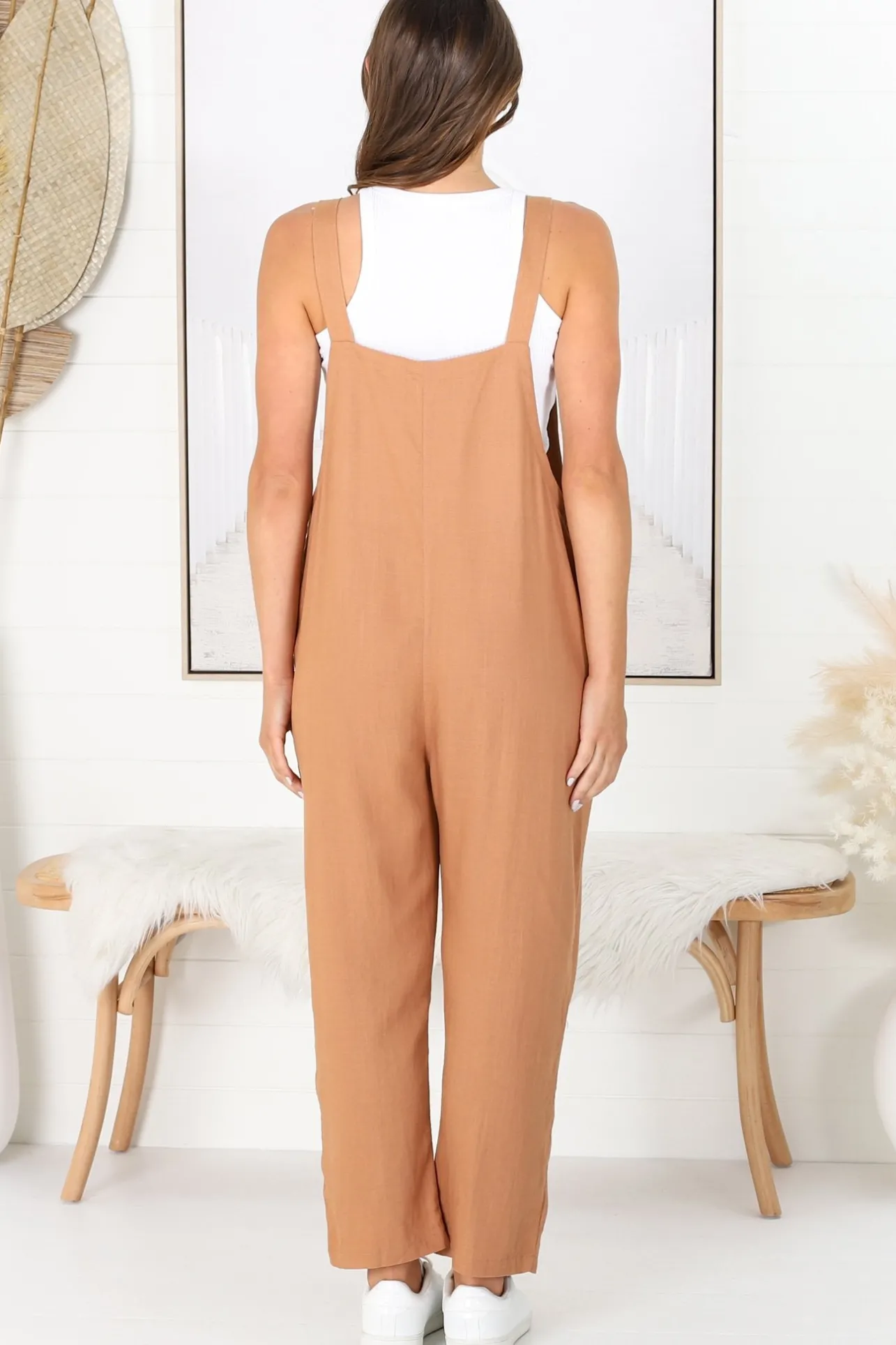 Tulum Jumpsuit - Linen Blend Overalls Pockets in Tan>Salty Crush