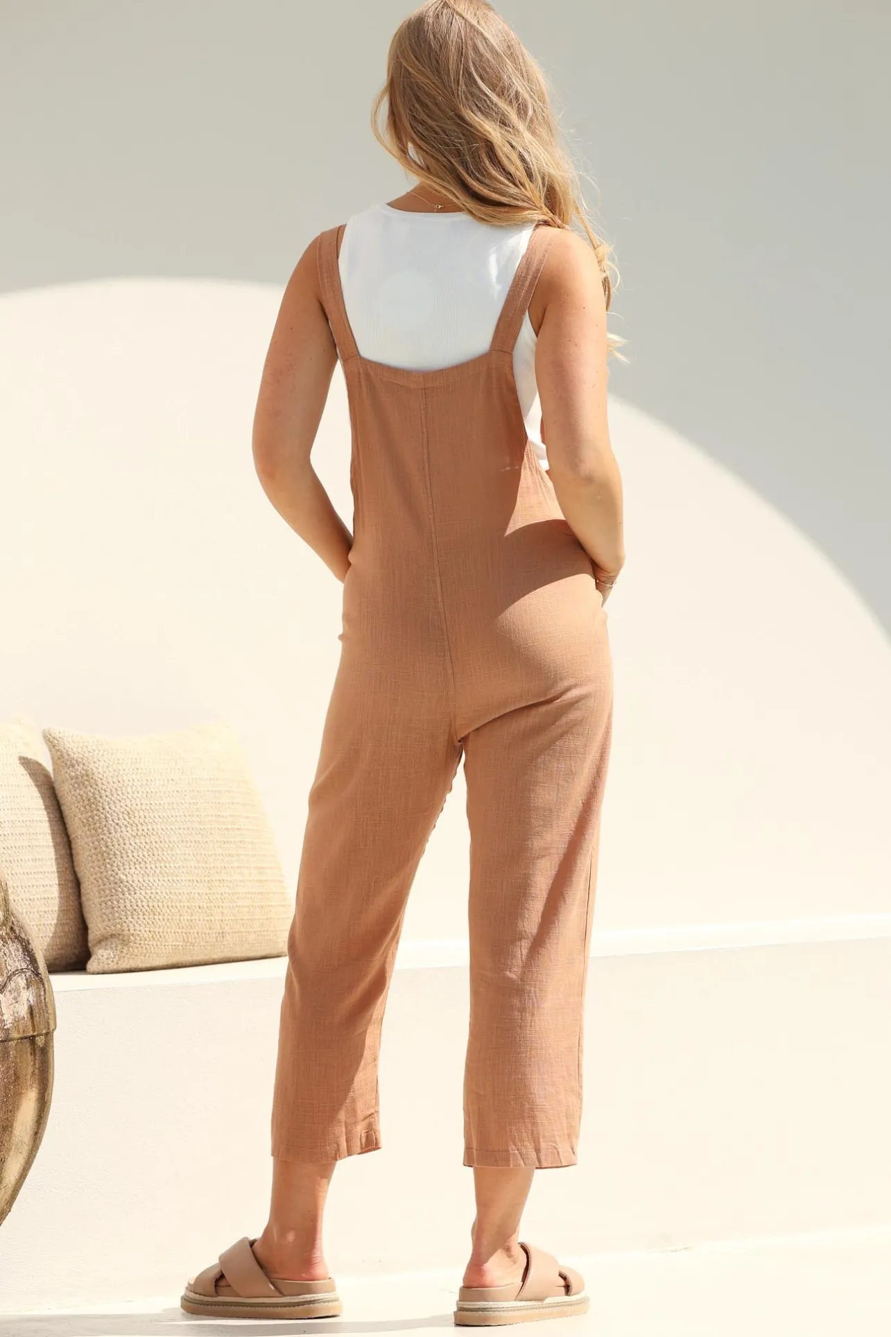 Tulum Jumpsuit - Linen Blend Overalls Pockets in Tan>Salty Crush