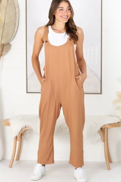 Tulum Jumpsuit - Linen Blend Overalls Pockets in Tan><noscript><img width=