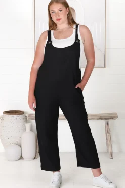 Tulum Jumpsuit - Linen Blend Overalls Pockets in Black><noscript><img width=