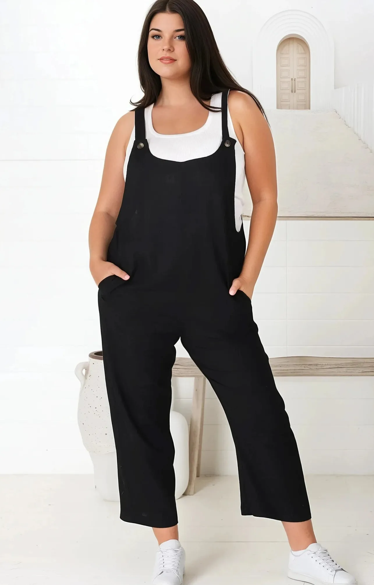 Tulum Jumpsuit - Linen Blend Overalls Pockets in Black>Salty Crush Outlet