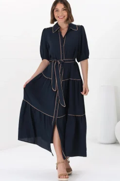 Valencia Maxi Dress - Collared Tiered Button Down Dress with Contrast Trim in Navy>Salty Crush Clearance