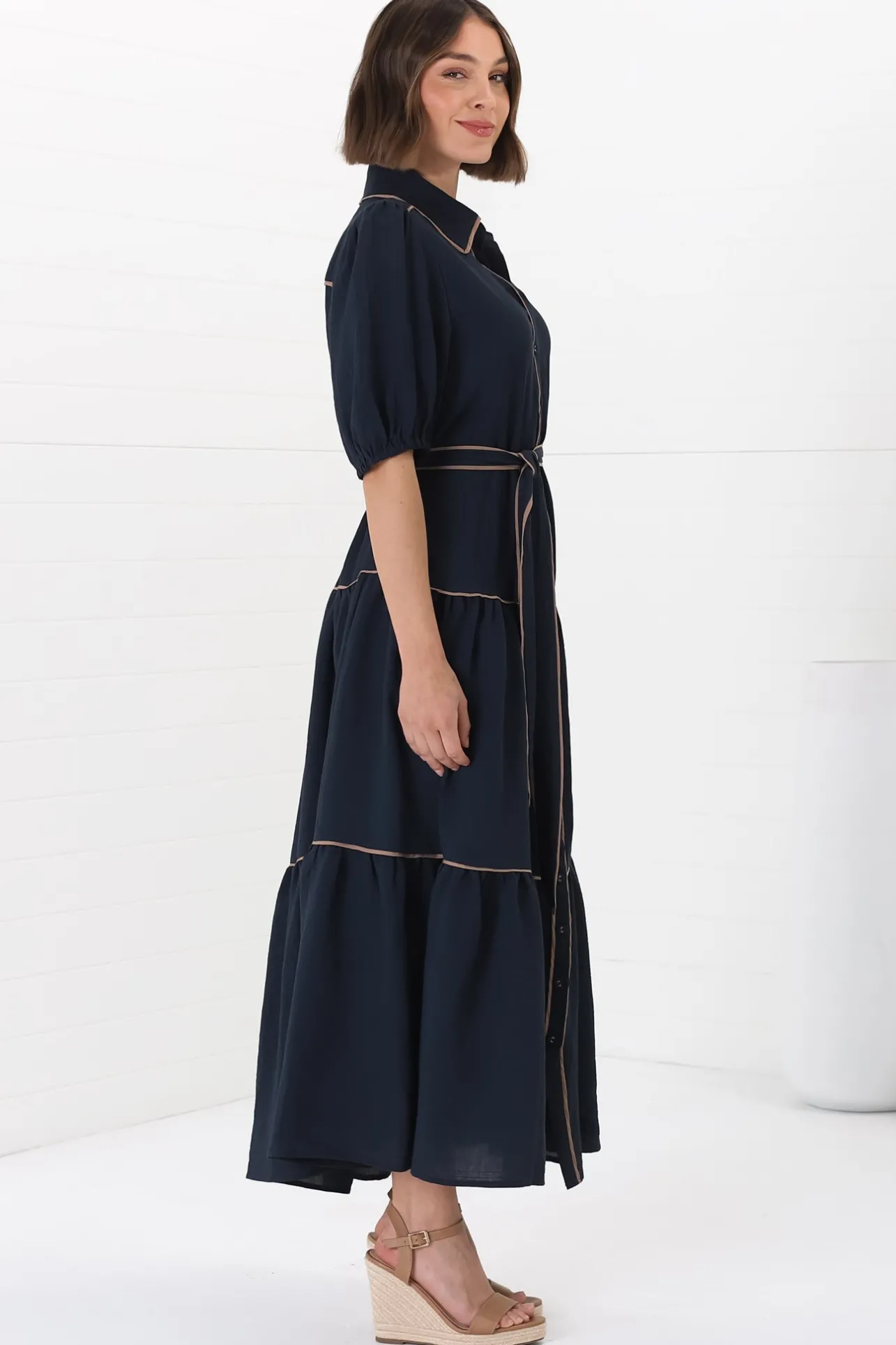 Valencia Maxi Dress - Collared Tiered Button Down Dress with Contrast Trim in Navy>Salty Crush Clearance