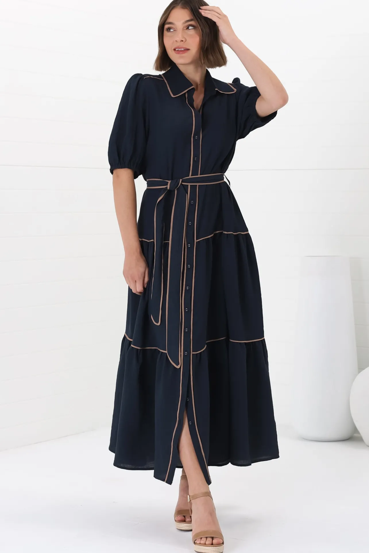 Valencia Maxi Dress - Collared Tiered Button Down Dress with Contrast Trim in Navy>Salty Crush Clearance