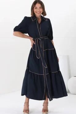 Valencia Maxi Dress - Collared Tiered Button Down Dress with Contrast Trim in Navy><noscript><img width=