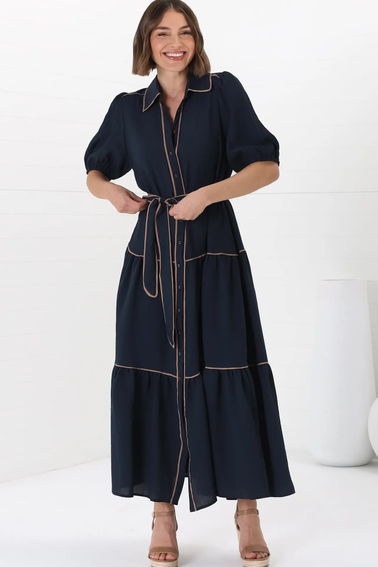 Valencia Maxi Dress - Collared Tiered Button Down Dress with Contrast Trim in Navy>Salty Crush Clearance