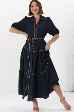 Valencia Maxi Dress - Collared Tiered Button Down Dress with Contrast Trim in Navy><noscript><img width=