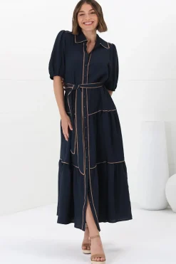 Valencia Maxi Dress - Collared Tiered Button Down Dress with Contrast Trim in Navy><noscript><img width=