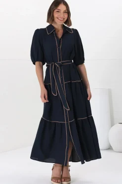 Valencia Maxi Dress - Collared Tiered Button Down Dress with Contrast Trim in Navy><noscript><img width=