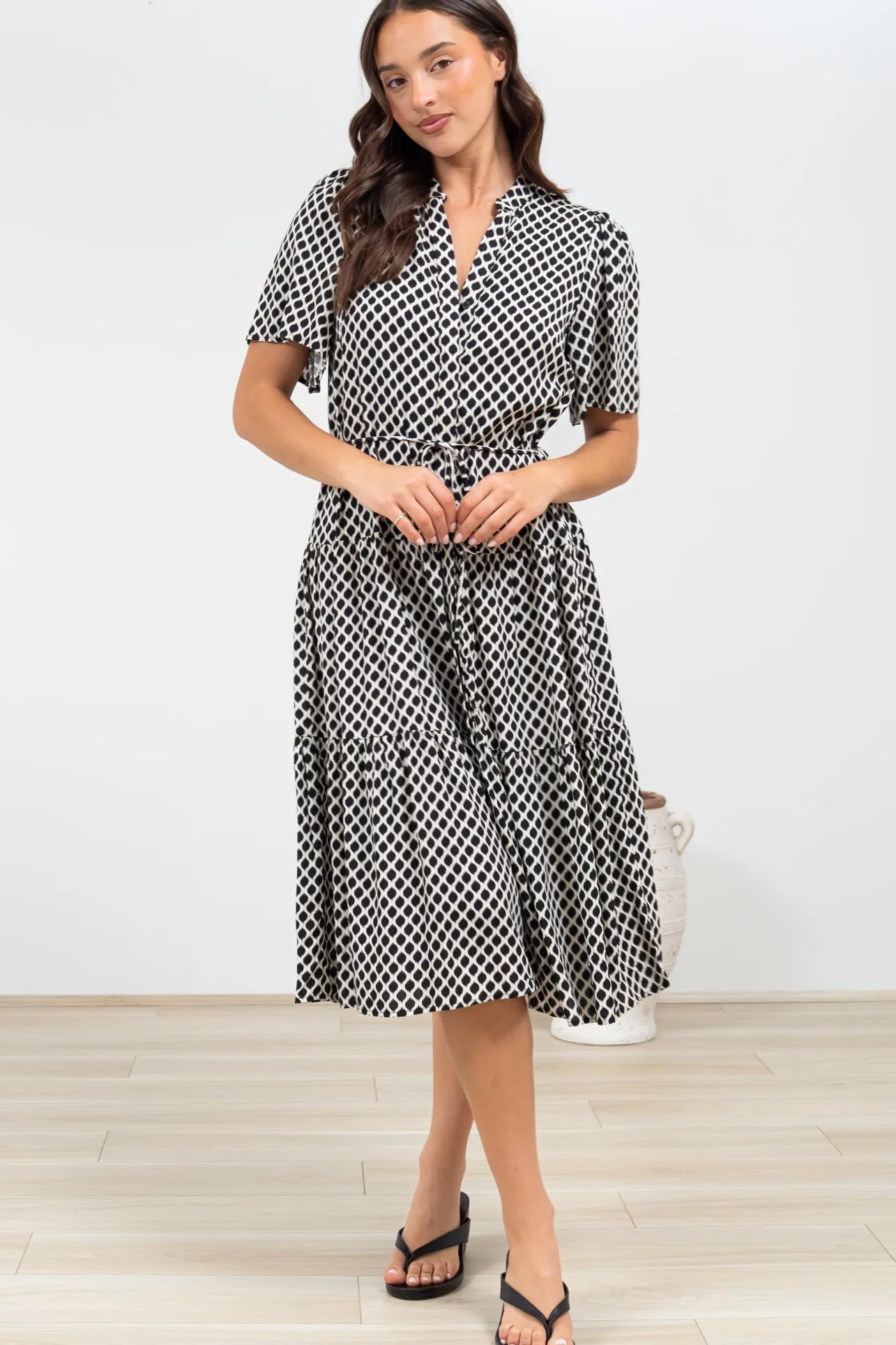 Vania Midi Dress - Tiered Buttoned Down Dress with Matching Belt in Hexy Print Black>Salty Crush Hot