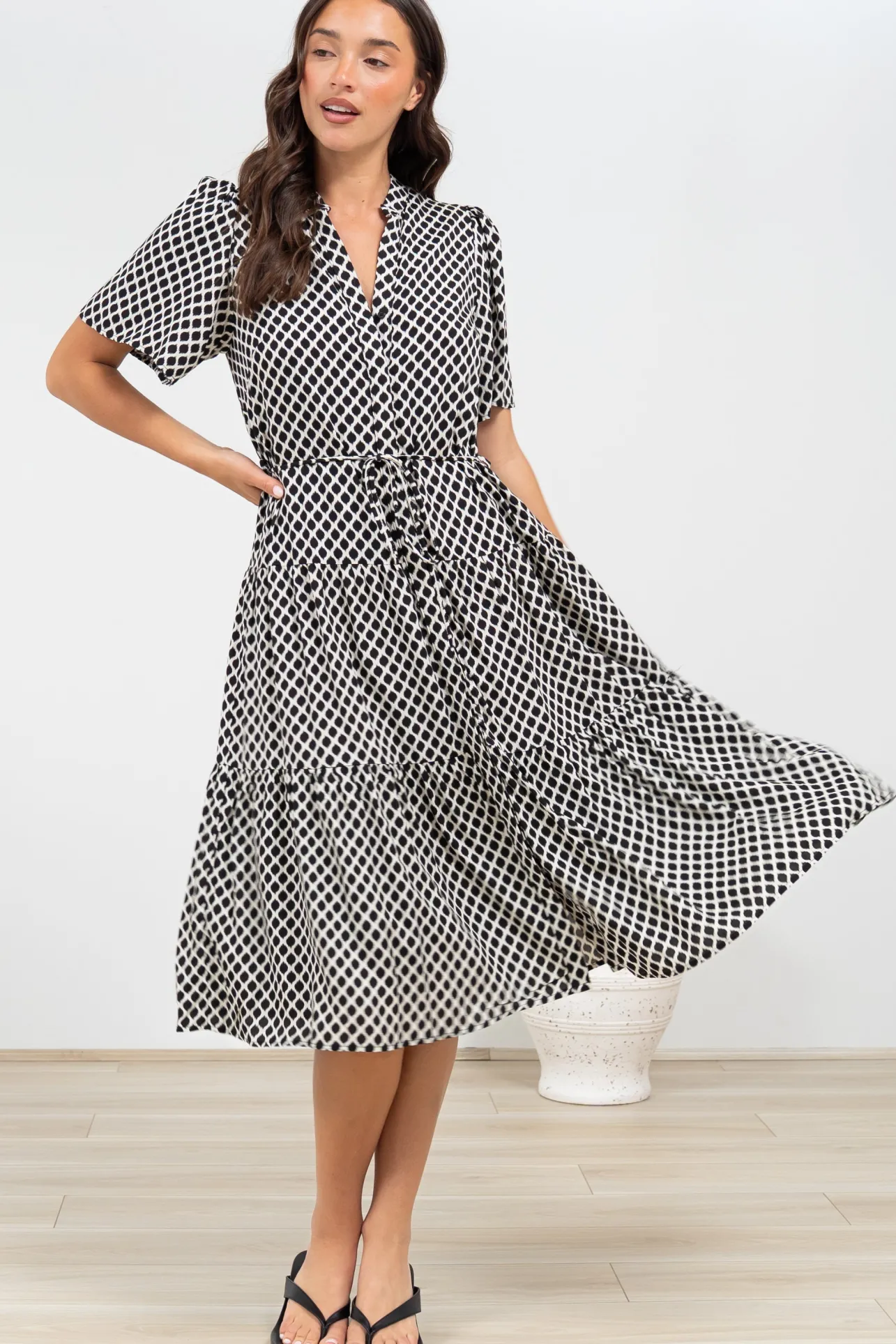 Vania Midi Dress - Tiered Buttoned Down Dress with Matching Belt in Hexy Print Black>Salty Crush Hot