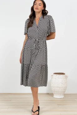 Vania Midi Dress - Tiered Buttoned Down Dress with Matching Belt in Hexy Print Black><noscript><img width=