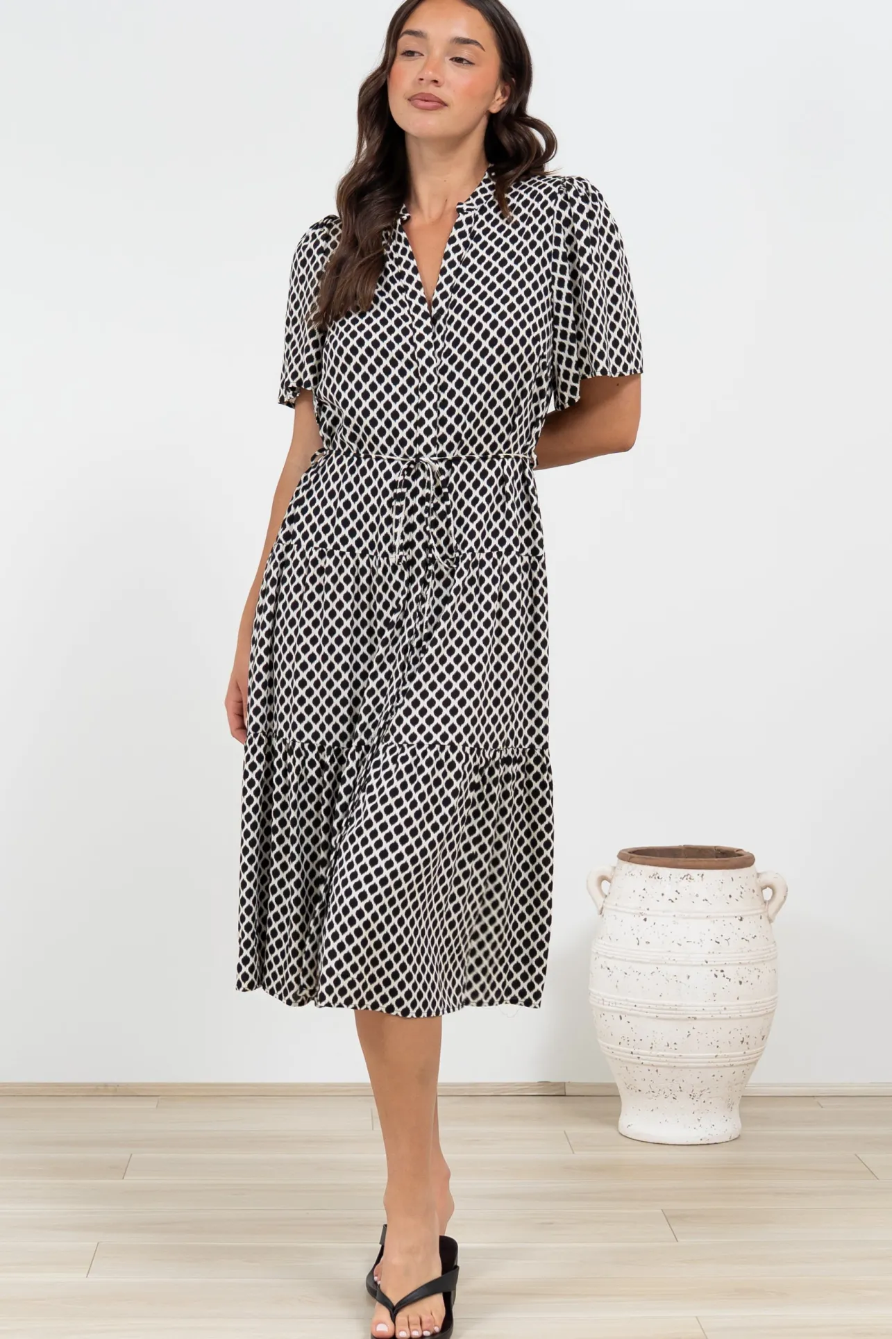 Vania Midi Dress - Tiered Buttoned Down Dress with Matching Belt in Hexy Print Black>Salty Crush Hot