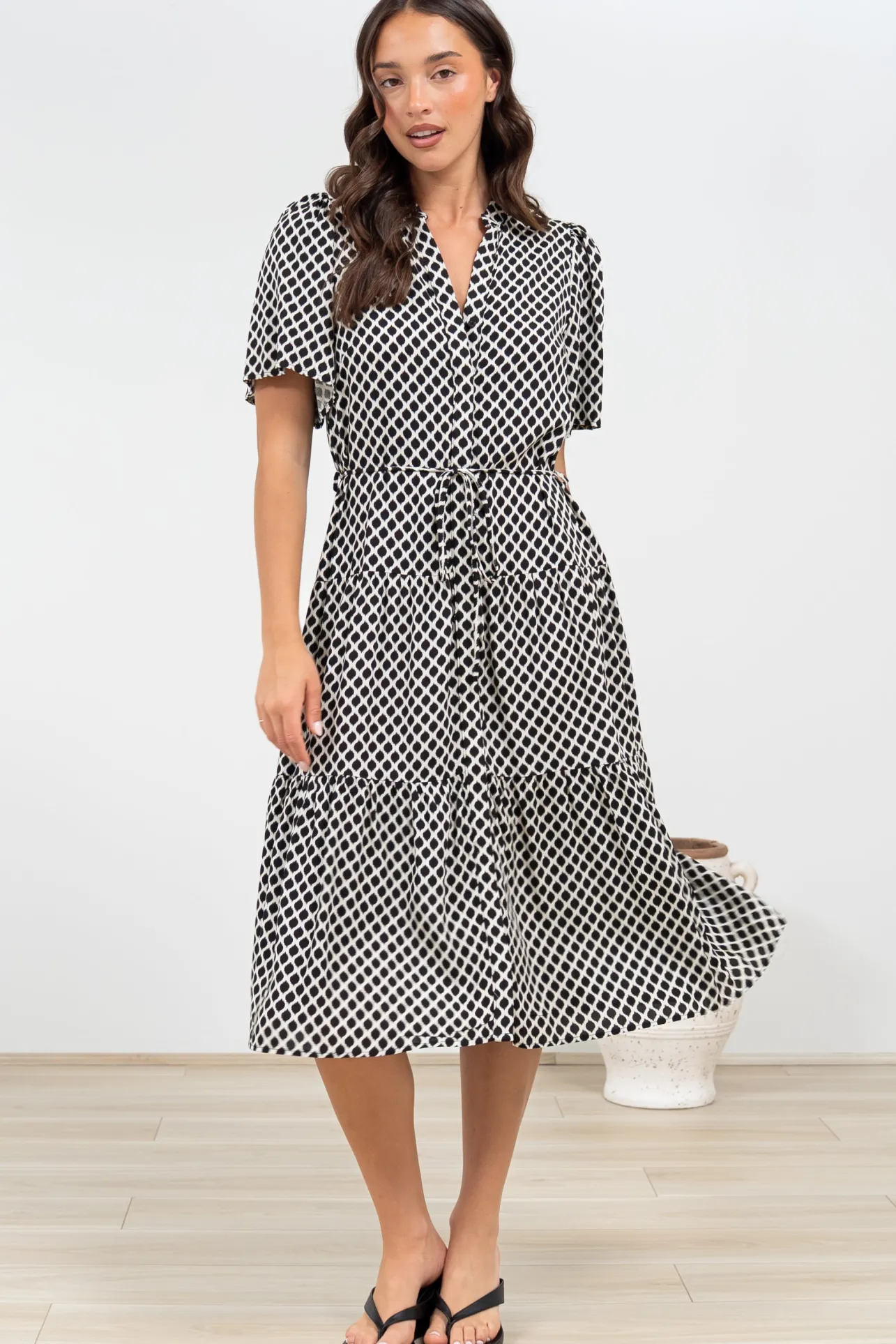 Vania Midi Dress - Tiered Buttoned Down Dress with Matching Belt in Hexy Print Black>Salty Crush Hot