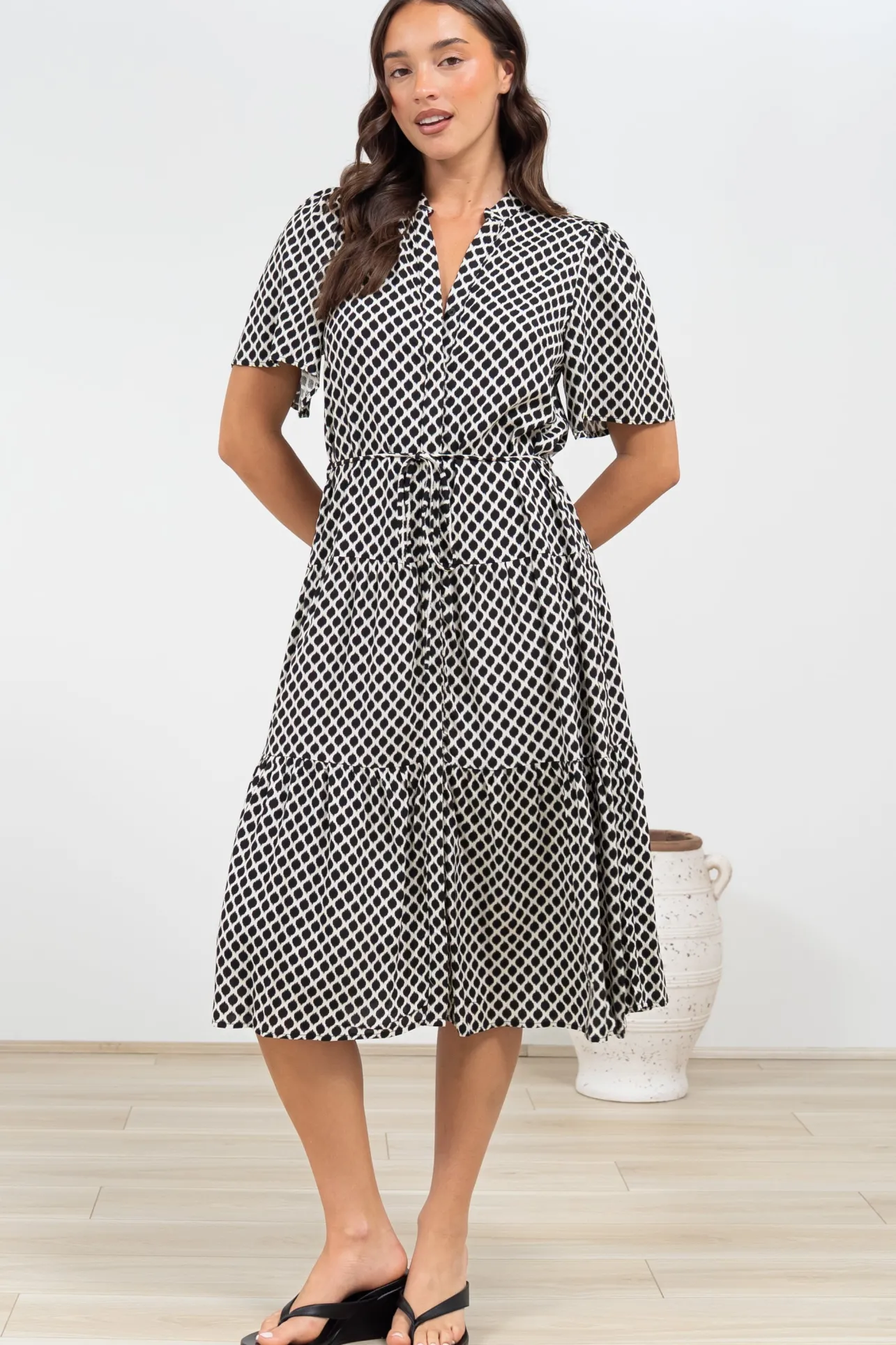 Vania Midi Dress - Tiered Buttoned Down Dress with Matching Belt in Hexy Print Black>Salty Crush Hot