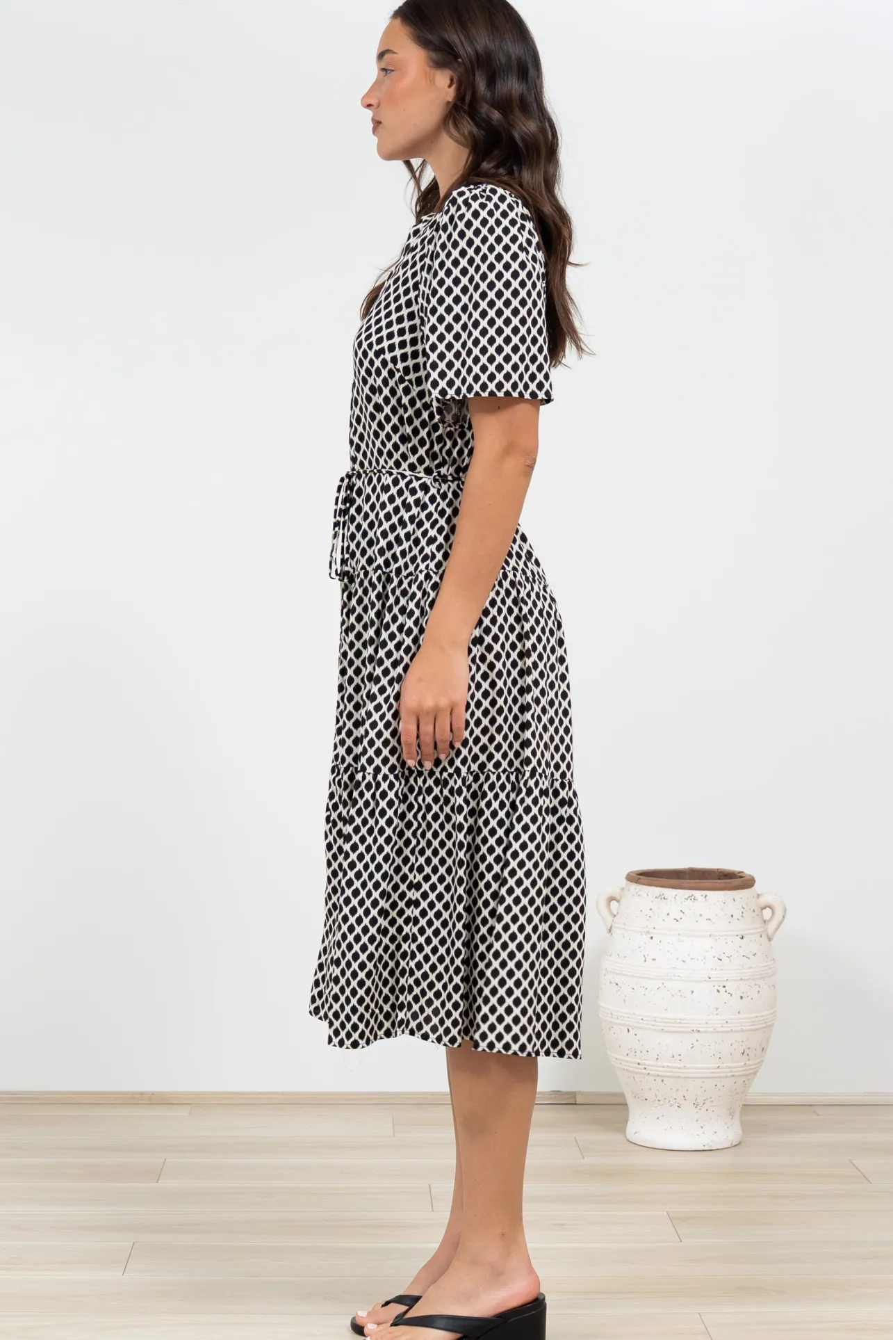 Vania Midi Dress - Tiered Buttoned Down Dress with Matching Belt in Hexy Print Black>Salty Crush Hot