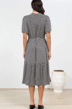 Vania Midi Dress - Tiered Buttoned Down Dress with Matching Belt in Hexy Print Black><noscript><img width=