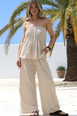 Vanity Two Piece Set - Strapless Pleated Top and Long Pants in Oatmeal>Salty Crush Best