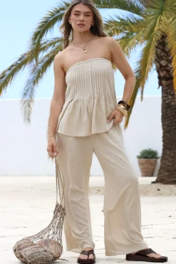 Vanity Two Piece Set - Strapless Pleated Top and Long Pants in Oatmeal><noscript><img width=