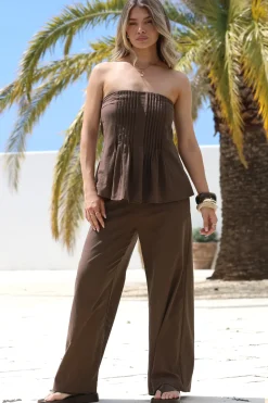 Vanity Two Piece Set - Strapless Pleated Top and Long Pants in Dark Chocolate><noscript><img width=