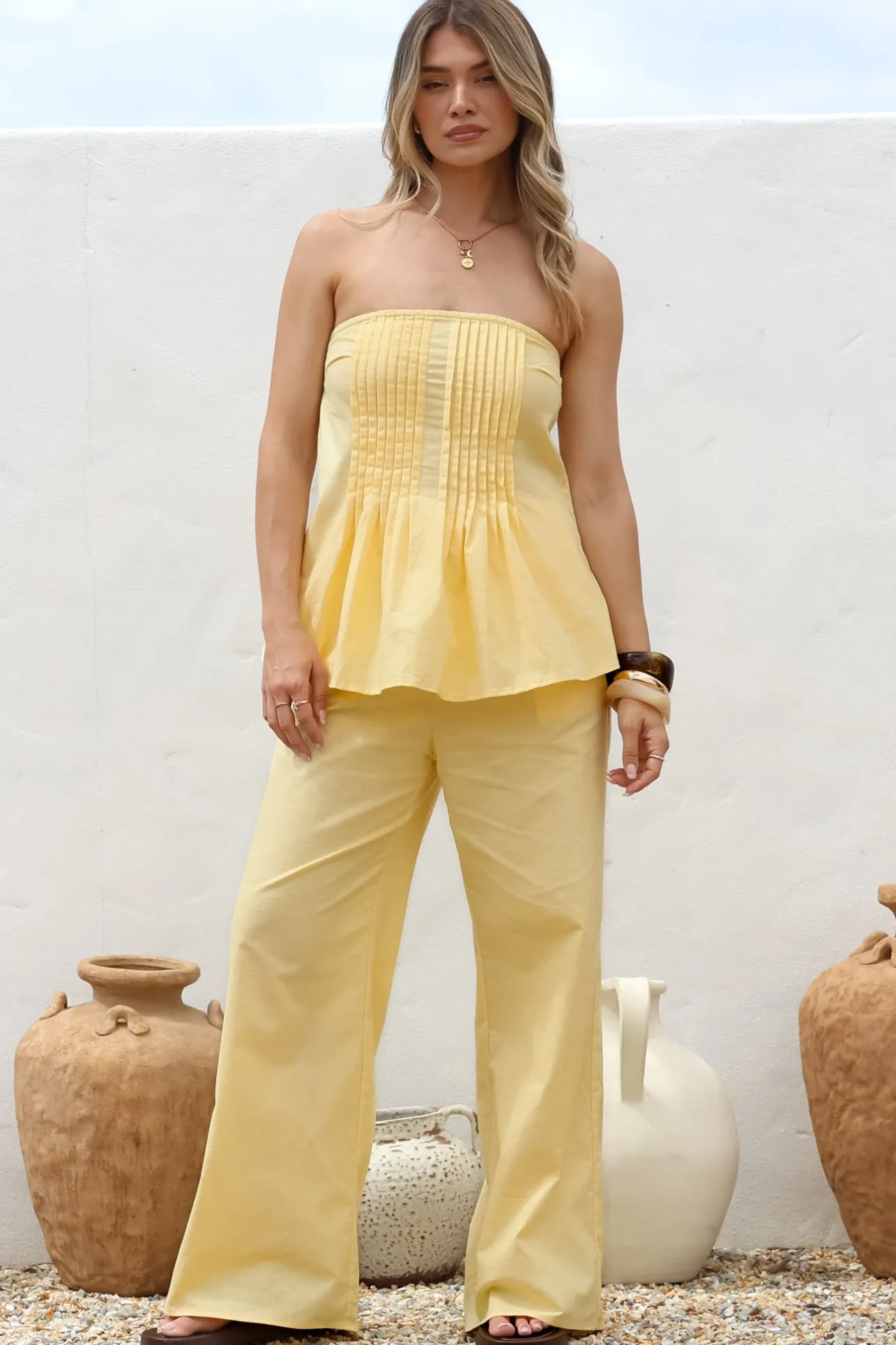 Vanity Two Piece Set - Strapless Pleated Top and Long Pants in Lemon>Salty Crush Sale