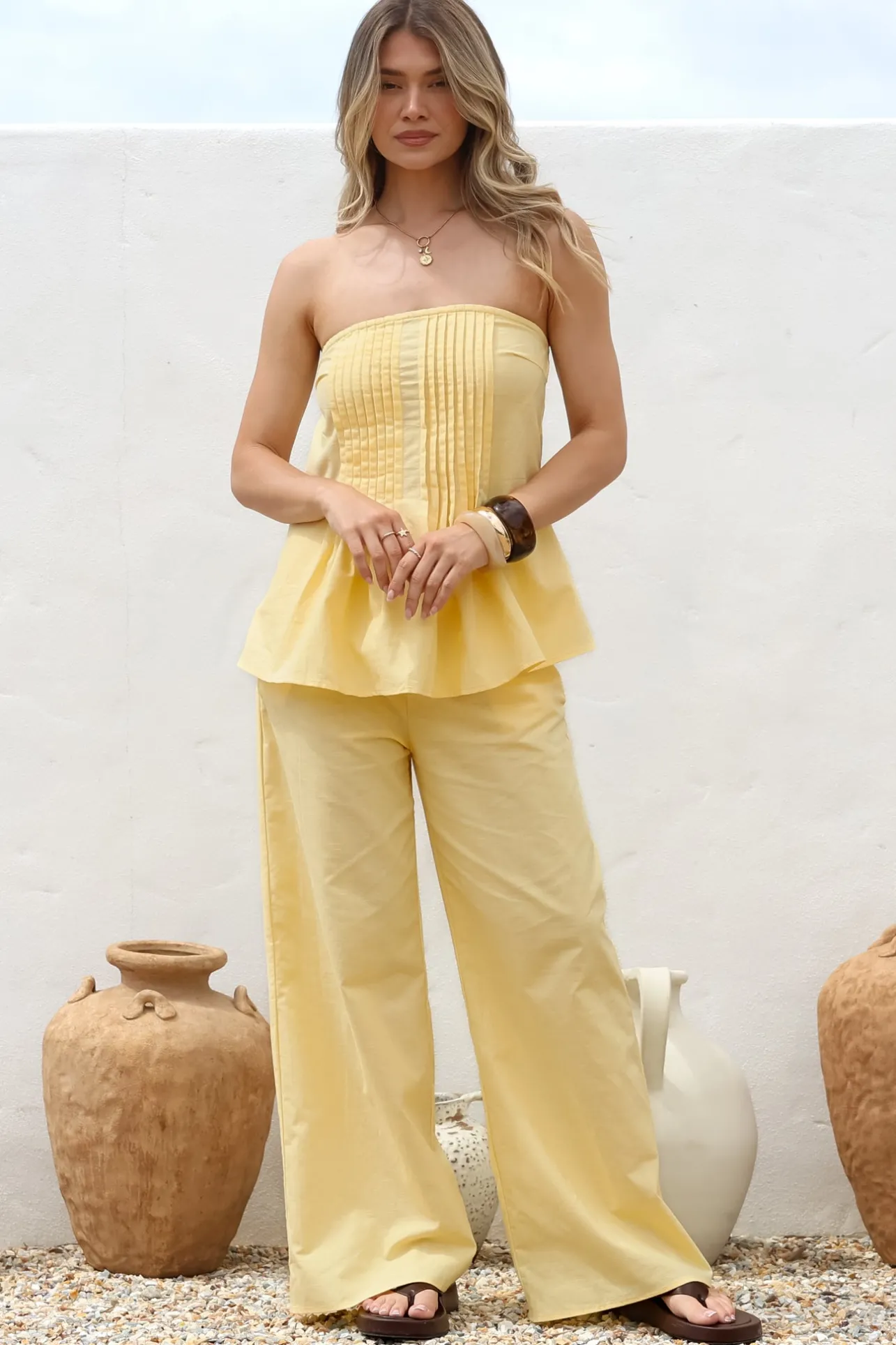 Vanity Two Piece Set - Strapless Pleated Top and Long Pants in Lemon>Salty Crush Sale