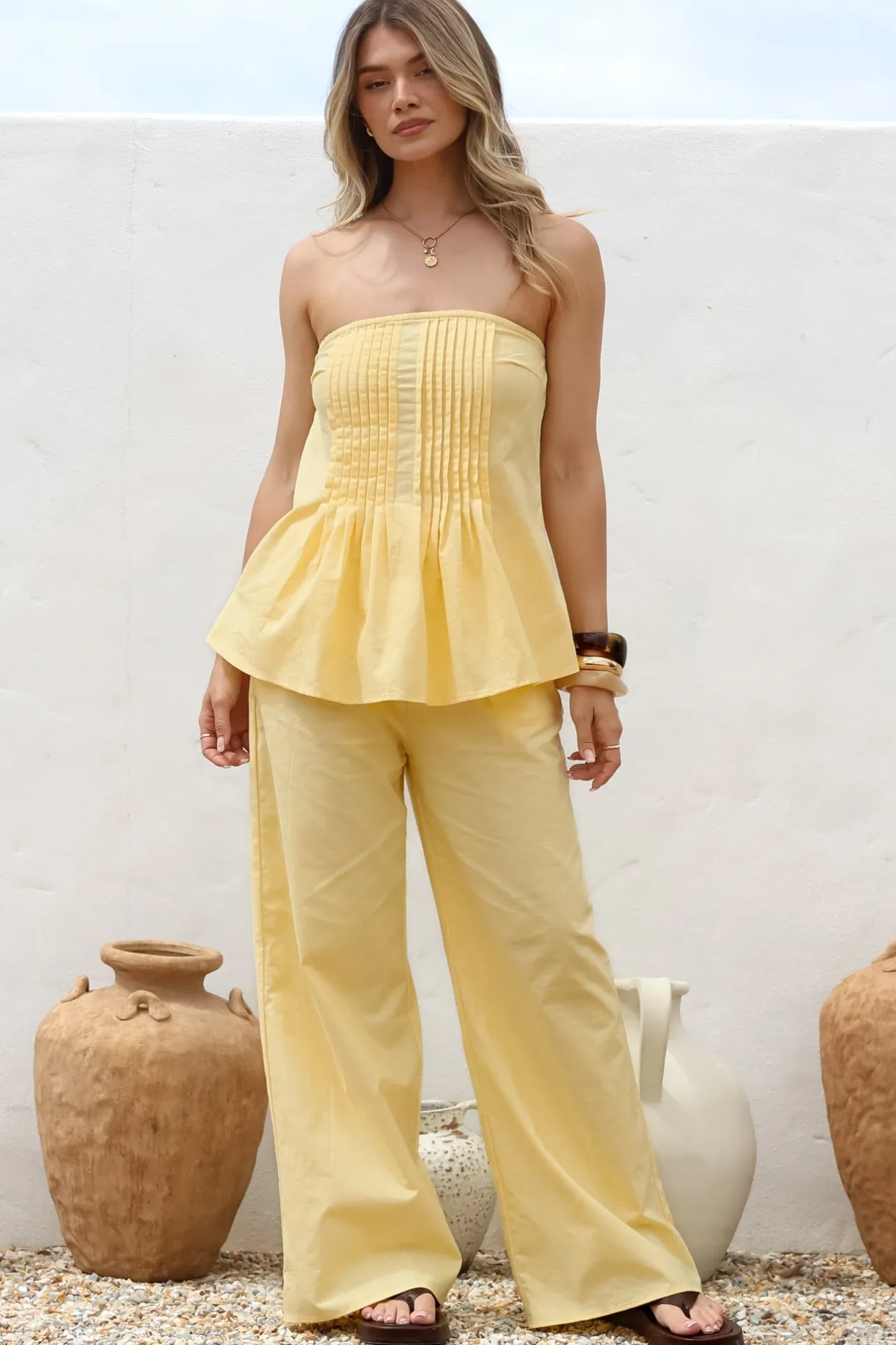 Vanity Two Piece Set - Strapless Pleated Top and Long Pants in Lemon>Salty Crush Sale