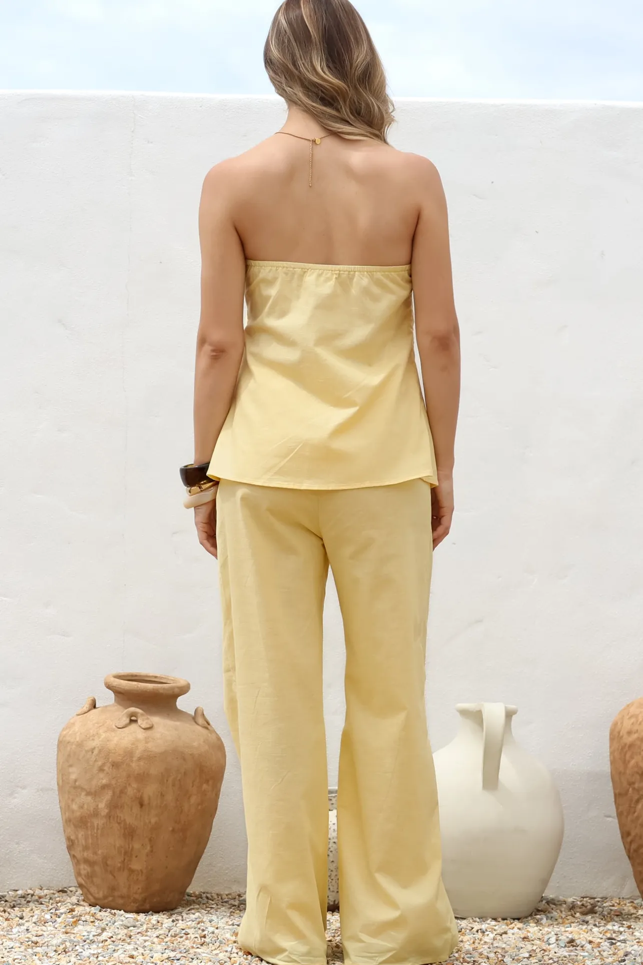 Vanity Two Piece Set - Strapless Pleated Top and Long Pants in Lemon>Salty Crush Sale