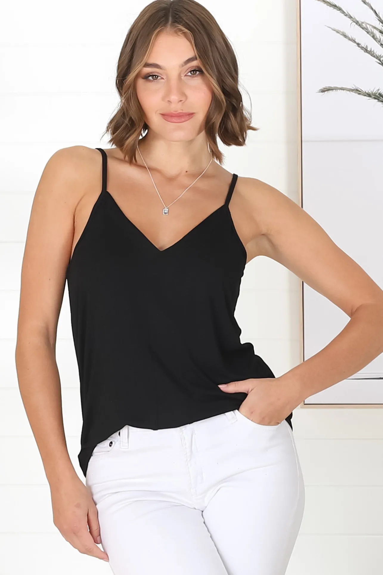 Venus Cami - Long V Neck Adjustable Strap Cami in Black>Salty Crush Online