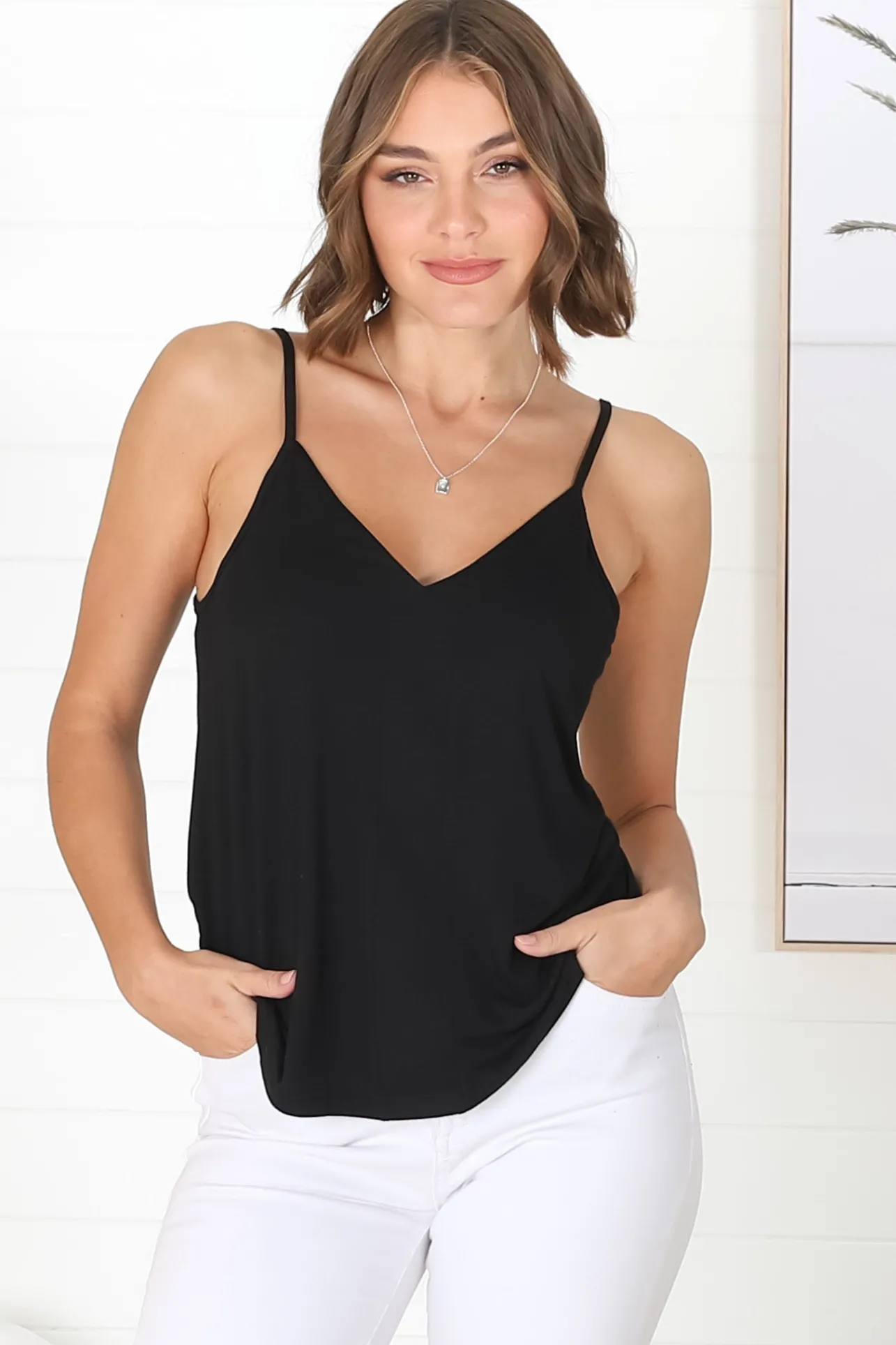 Venus Cami - Long V Neck Adjustable Strap Cami in Black>Salty Crush Online