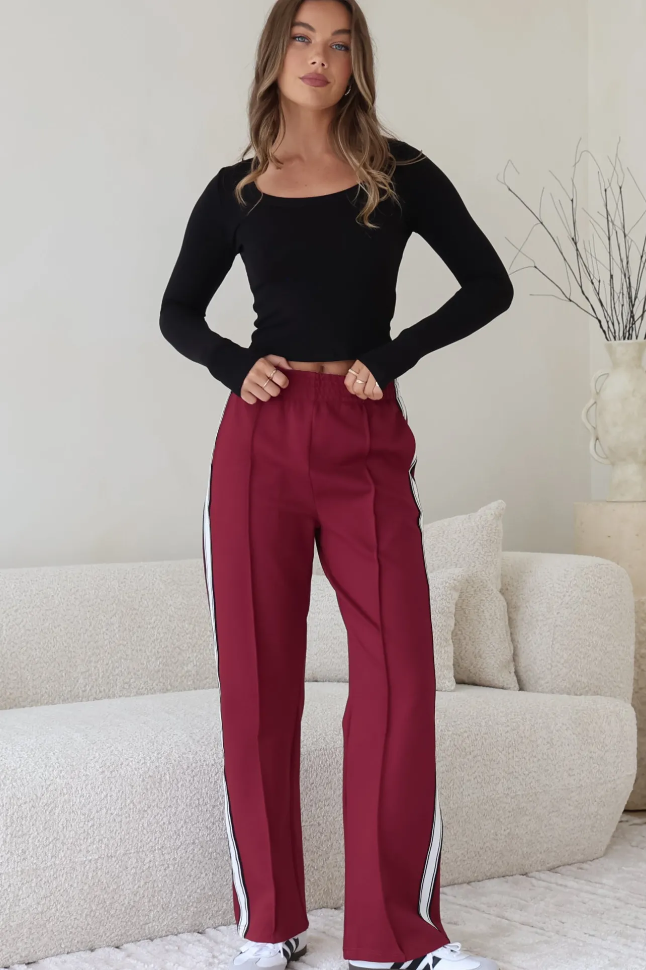 Victoria Pants - High Waisted Sports Stripe Side Seams in Wine>Salty Crush Online
