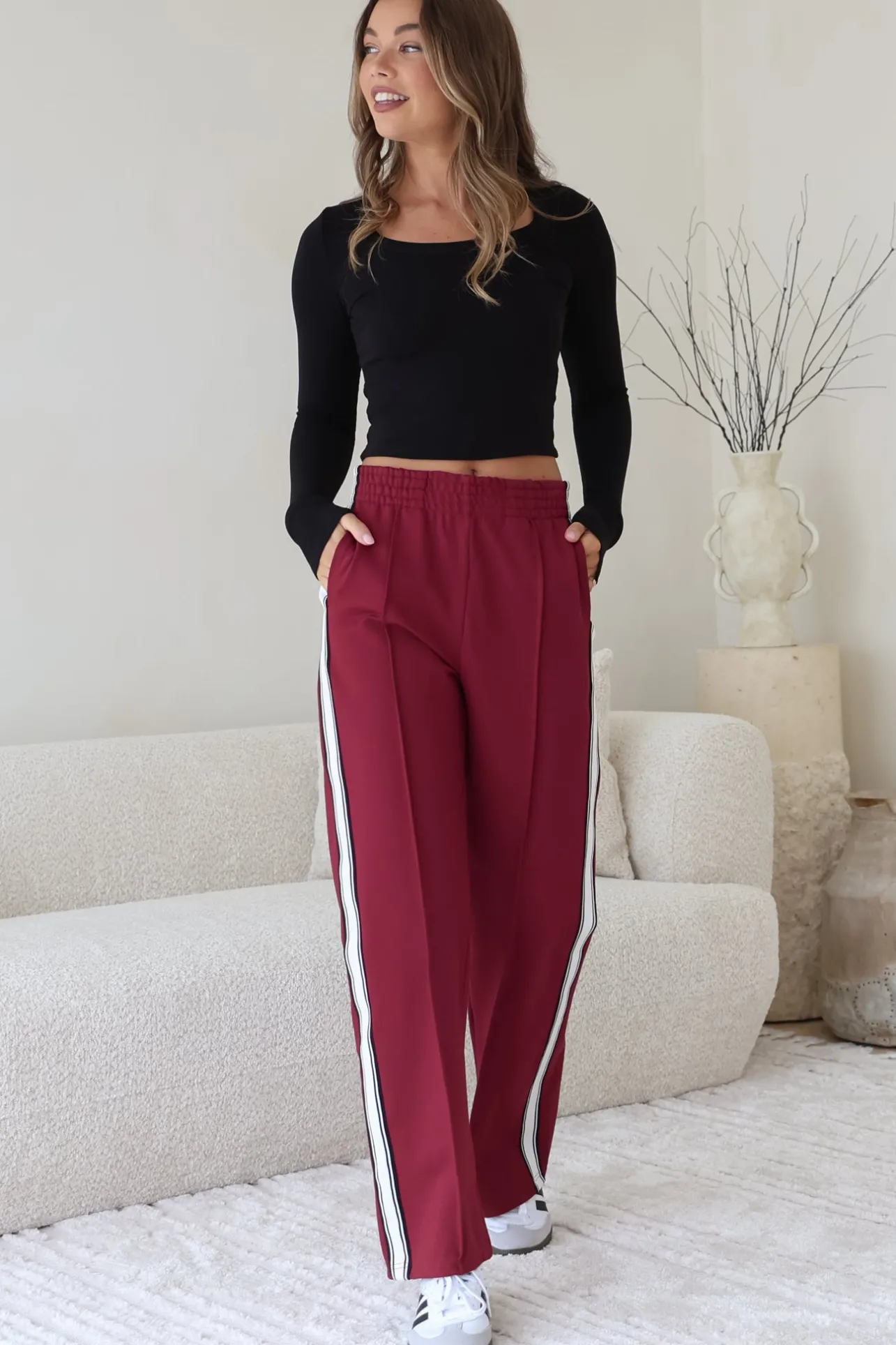 Victoria Pants - High Waisted Sports Stripe Side Seams in Wine>Salty Crush Online