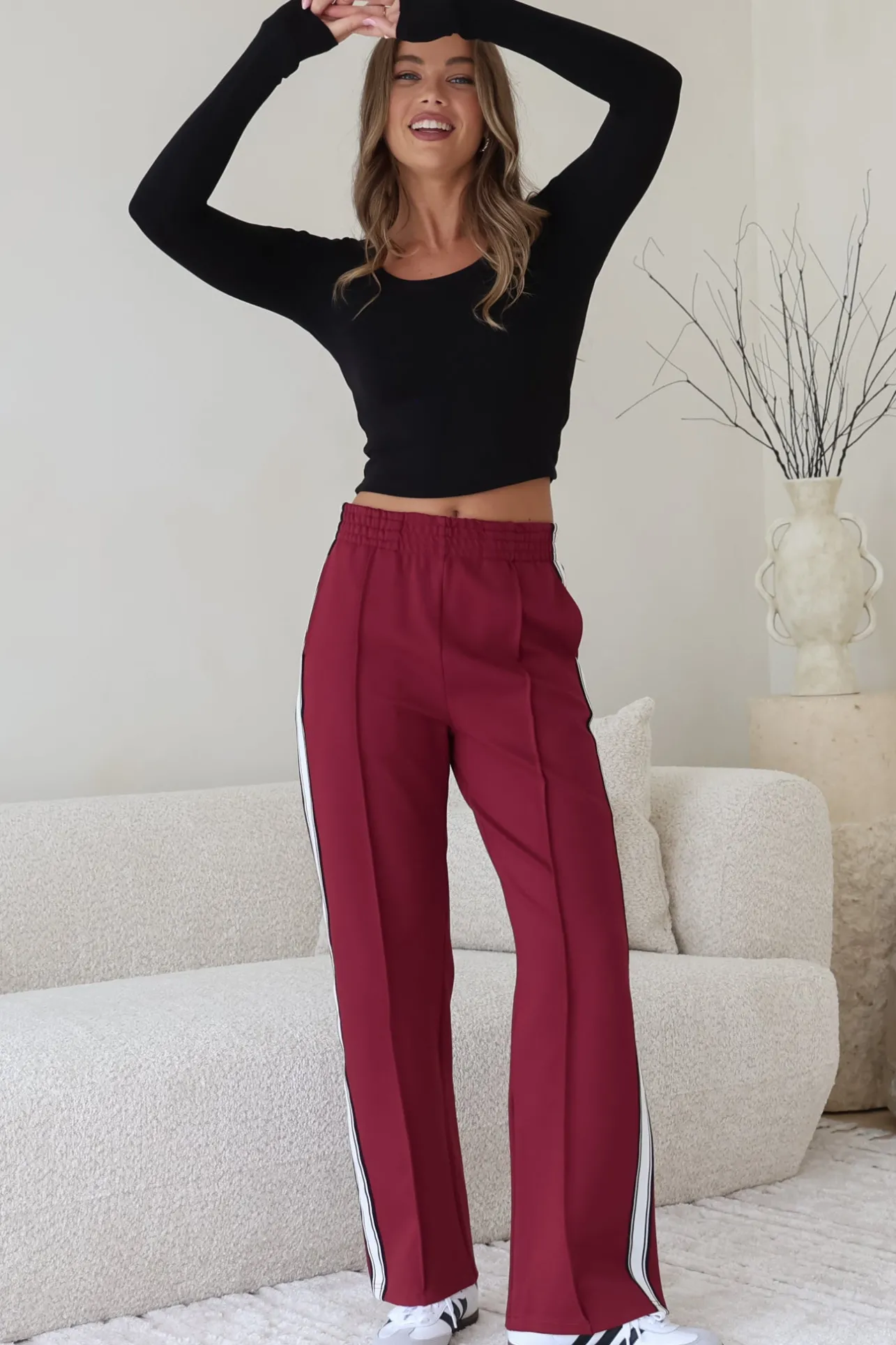 Victoria Pants - High Waisted Sports Stripe Side Seams in Wine>Salty Crush Online