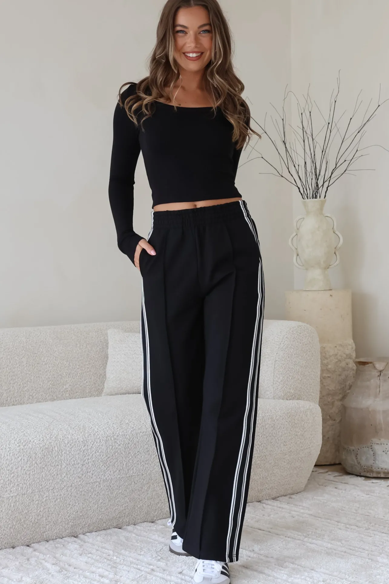Victoria Pants - High Waisted Sports Stripe Side Seams in Black>Salty Crush