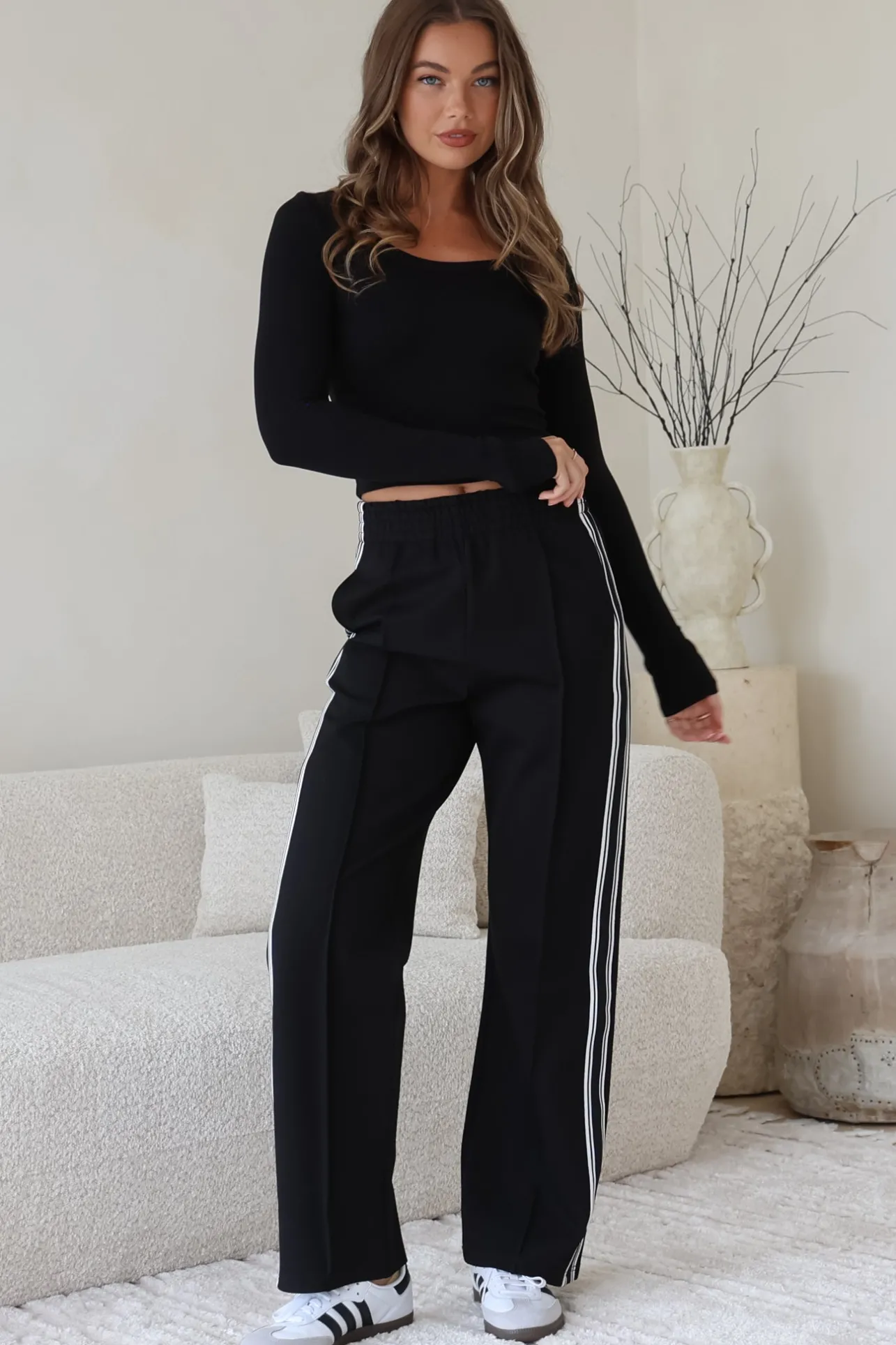 Victoria Pants - High Waisted Sports Stripe Side Seams in Black>Salty Crush
