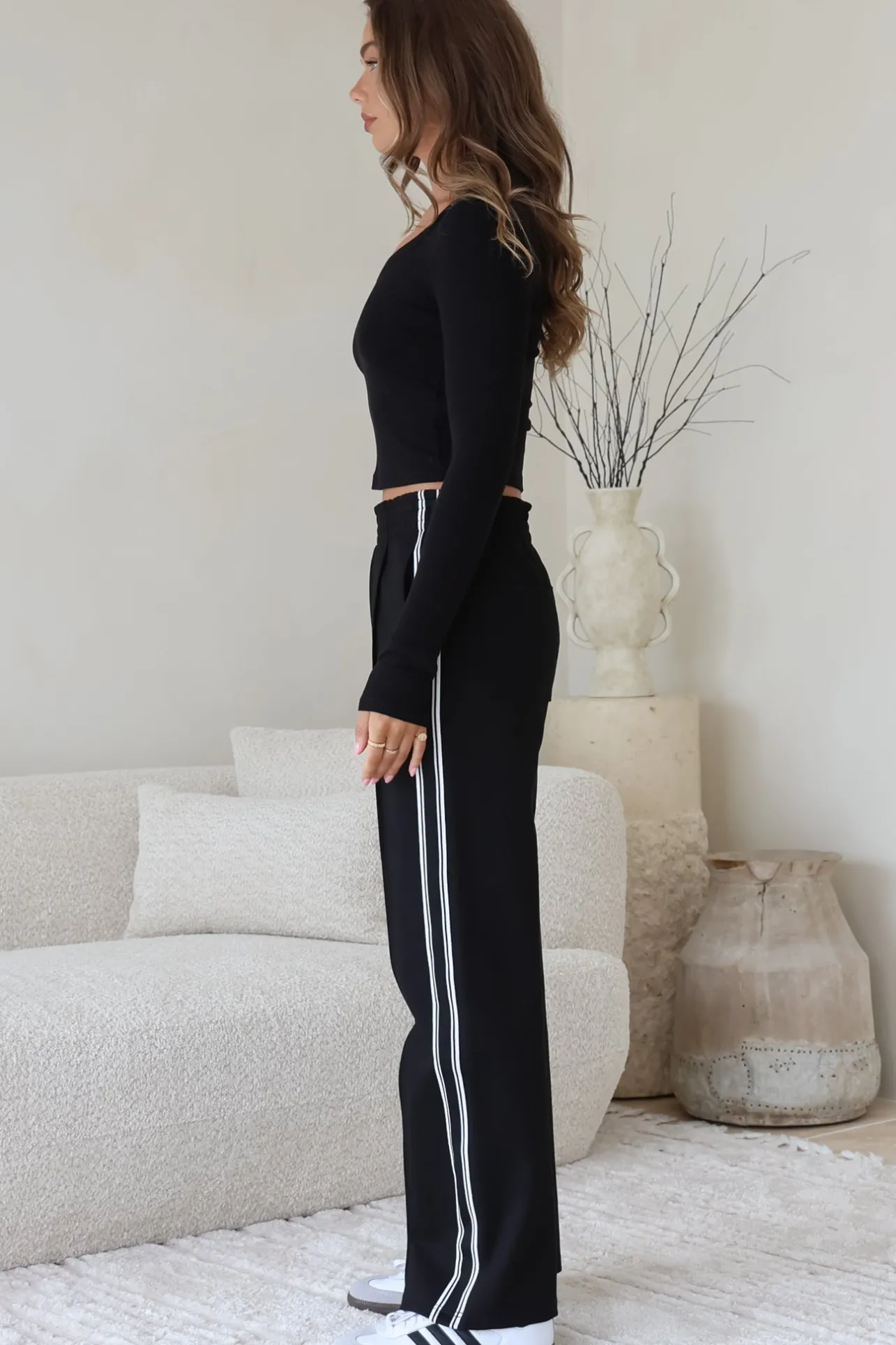 Victoria Pants - High Waisted Sports Stripe Side Seams in Black>Salty Crush