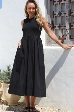 Vikki Midi Dress - Jersey Bodice Sleeveless A-Line Dress in Black>Salty Crush Outlet