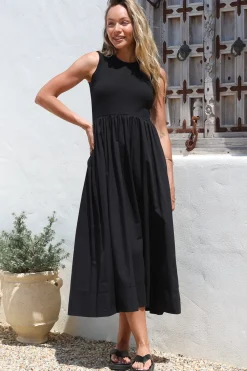 Vikki Midi Dress - Jersey Bodice Sleeveless A-Line Dress in Black><noscript><img width=