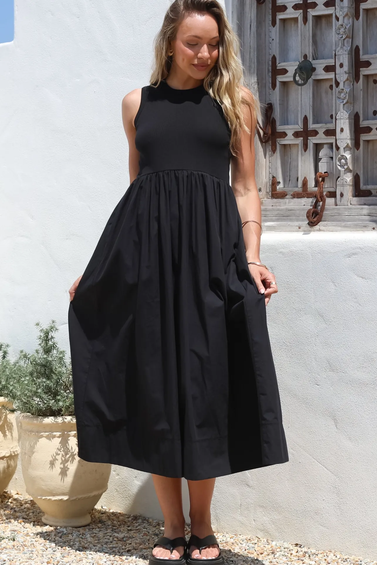 Vikki Midi Dress - Jersey Bodice Sleeveless A-Line Dress in Black>Salty Crush Outlet