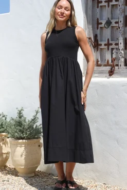 Vikki Midi Dress - Jersey Bodice Sleeveless A-Line Dress in Black><noscript><img width=
