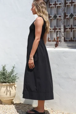Vikki Midi Dress - Jersey Bodice Sleeveless A-Line Dress in Black><noscript><img width=