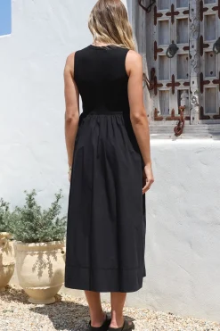 Vikki Midi Dress - Jersey Bodice Sleeveless A-Line Dress in Black><noscript><img width=